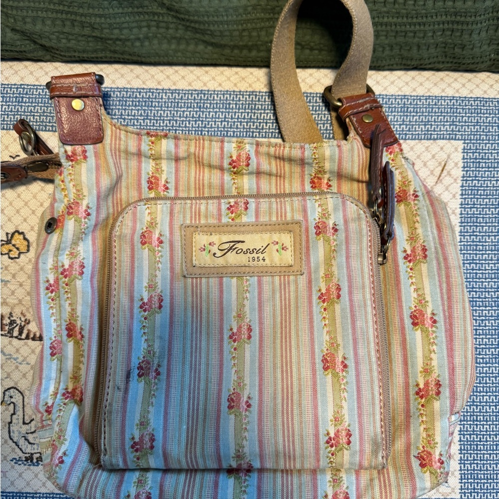Fossil Women's Floral Stripe Shoulder Bag - Cream and Tan